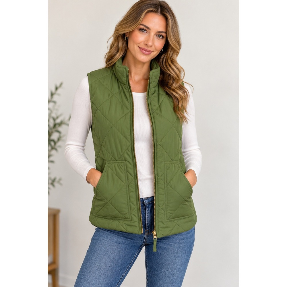 J.Crew Quilted Vest Women XXS Preppy Olive Green Diamond Stitch Zip Up Excursion